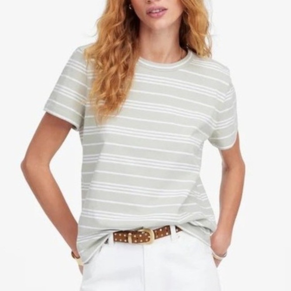 Madewell Striped Perfect Crewneck T-Shirt Sage‎ Green White Cotton Size XS